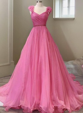 2024 A Line Organza Hot Pink Sweetheart Long Prom Dresses