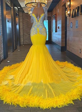 2024 Mermaid Daffodil Sweetheart Chiffon Prom Dresses With Feathers