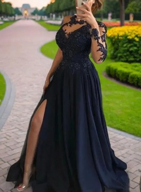 A Line Dark Navy Satin Long Plus Size Prom Dresses With Appliques 2024