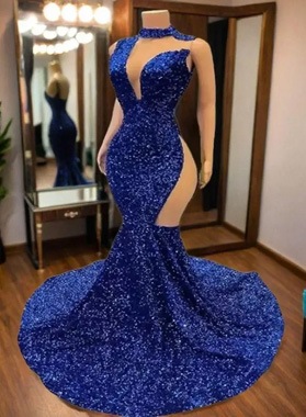Mermaid Royal Blue Sequence Bateau Long Prom Dresses 2024
