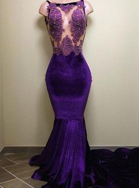 2024 Sheath Velvet Purple Halter Long Prom Dresses With Appliques