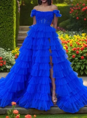 A Line Tulle Tiered Royal Blue Corset Back Long Prom Dresses 2024