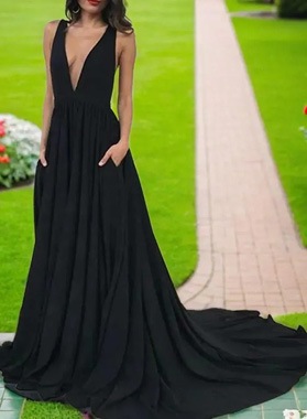 A Line V Neck Black Matte Satin Long 2024 Prom Dresses 