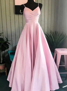 2024 A Line Satin Pink V Neck Long Prom Dresses With Pleats