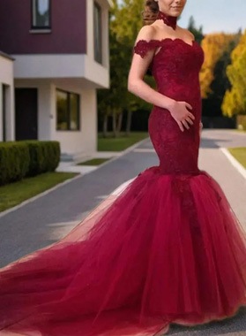 2024 Mermaid Burgundy Off Shoulder Tulle With Appliques Long Prom Dresses