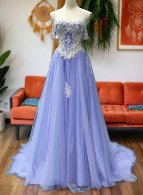 A Line Lavender Tulle With Appliques Off Shoulder Long Prom Dresses 2024
