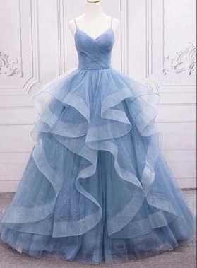 A Line Tulle Tiered Light Sky Blue Sweetheart Long 2024 Prom Dresses