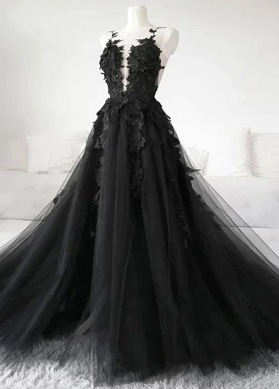 A Line Black Tulle Long 2024 Prom Dresses With Appliques