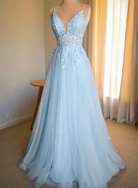 A Line Tulle Light Sky Blue Sweetheart With Appliques 2024 Prom Dresses