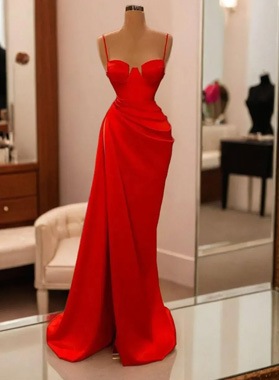 Sheath Satin Red Spaghetti Straps Ruched Long 2024 Prom Dresses