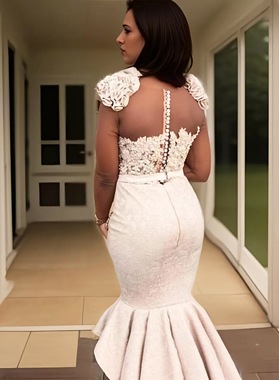 2026 White Beading Ruffled Mermaid/Trumpet Satin Prom Dresses Back