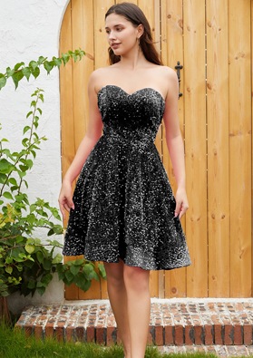 Black A-line Princess Sweetheart Sequin Sleeveless Knee-Length Homecoming Dresses