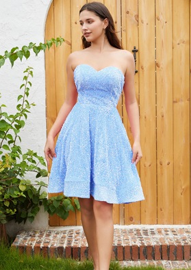 Blue A-line Princess Sweetheart Sequin Sleeveless Knee-Length Homecoming Dresses