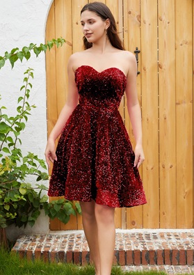 Burgundy A-line Princess Sweetheart Sequin Sleeveless Knee-Length Homecoming Dresses
