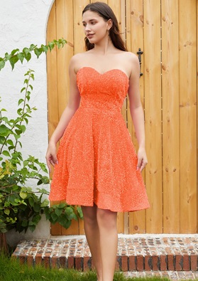 Coral A-line Princess Sweetheart Sequin Sleeveless Knee-Length Homecoming Dresses