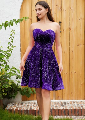 Purple A-line Princess Sweetheart Sequin Sleeveless Knee-Length Homecoming Dresses
