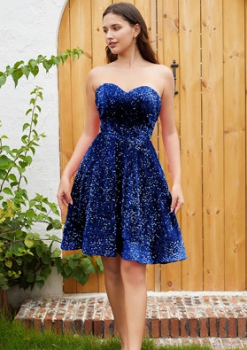 Royal Blue A-line Princess Sweetheart Sequin Sleeveless Knee-Length Homecoming Dresses