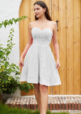 White A-line Princess Sweetheart Sequin Sleeveless Knee-Length Womens White Graduation Dress