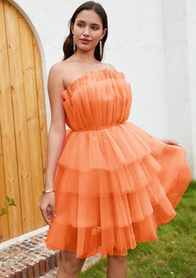 Orange A-line Tulle Strapless Layers Sleeveless Short Mini Sweet 16 Dress / Homecoming Dresses