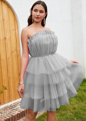 Silver A-line Tulle Strapless Layers Sleeveless Short Mini Homecoming Dresses