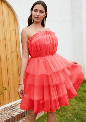Watermelon A-line Tulle Strapless Layers Sleeveless Short Mini Homecoming Dresses
