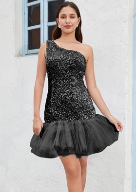 Black One Shoulder Sequin Sheath/Column Sleeveless Short/Mini Homecoming Dresses