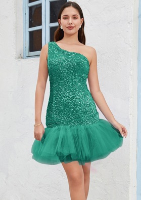 Emerald One Shoulder Sequin Sheath/Column Sleeveless Short/Mini Sweet 16 Gowns / Homecoming Dresses
