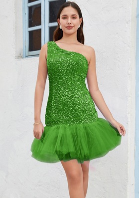 Green One Shoulder Sequin Sheath/Column Sleeveless Short/Mini Homecoming Dresses