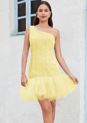 Light Yellow One Shoulder Sequin Sheath/Column Sleeveless Short/Mini Sweet 16 Gowns / Homecoming Dresses