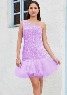 Lilac One Shoulder Sequin Sheath/Column Sleeveless Short/Mini Sweet 16 Gowns / Homecoming Dresses