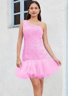 Pink One Shoulder Sequin Sheath/Column Sleeveless Short/Mini Sweet 16 Gowns / Homecoming Dresses