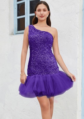 Purple One Shoulder Sequin Sheath/Column Sleeveless Short/Mini Homecoming Dresses