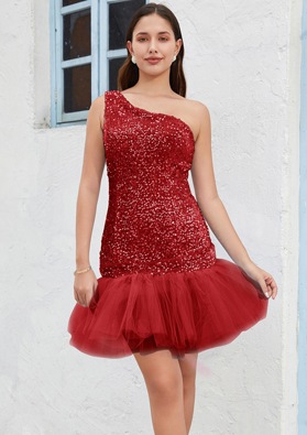 Red One Shoulder Sequin Sheath/Column Sleeveless Short/Mini Sweet 16 Gowns / Homecoming Dresses