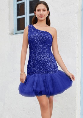 Royal Blue One Shoulder Sequin Sheath/Column Sleeveless Short/Mini Sweet 16 Gowns / Homecoming Dresses