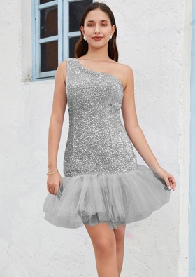 Silver One Shoulder Sequin Sheath/Column Sleeveless Short/Mini Sweet 16 Gowns / Homecoming Dresses