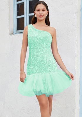 Turquoise One Shoulder Sequin Sheath/Column Sleeveless Short/Mini Cocktail / Homecoming Dresses