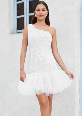 White One Shoulder Sequins Sheath/Column Sleeveless Knee Length Graduation Dresses