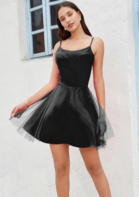 Black A-line Spaghetti Straps Satin Tulle Short/Mini Homecoming Dresses
