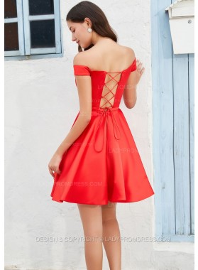 Lake Blue A-line Off the Shoulder Silk like Satin Homecoming Dresses Back