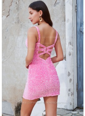 Grey Sheath Sequins V-neck Sleeveless Short/Mini Homecoming Dresses Back