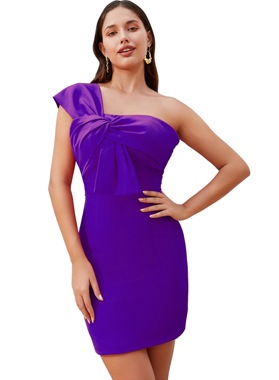 Purple Sheath One Shoulder Sleeveless Satin Graduation Gowns / Homecoming Dresses