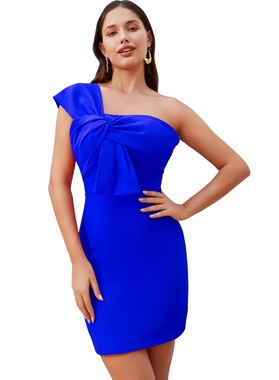 Royal Blue Sheath One Shoulder Sleeveless Satin Graduation Gowns / Homecoming Dresses