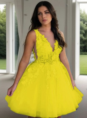2026 Ball Gown V Neck Sleeveless Applique Beading Tulle Cut Short/Mini Homecoming Dresses Back