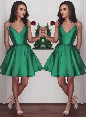 V Neck Sleeveless Spaghetti Satin A-Line/Princess Pleated Cut Short Mini Homecoming Dresses Back