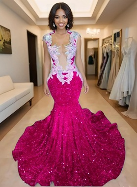 Fuchsia V-neck Sequence Sweetheart Mermaid Prom Dresses with Beaded