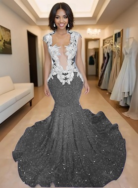 Grey V-neck Sequence Sweetheart Mermaid Prom Dresses with Beaded