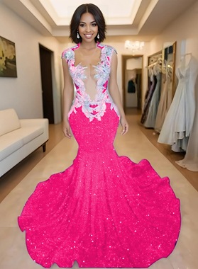 Hot Pink V-neck Sequence Sweetheart Mermaid Prom Dresses with Beaded
