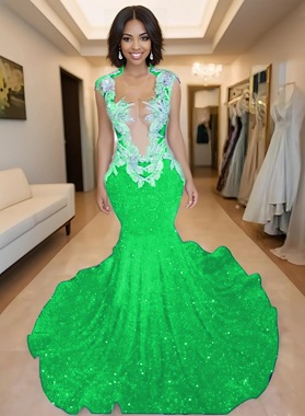 Lime Green V-neck Sequence Sweetheart Mermaid Prom Dresses with Beaded