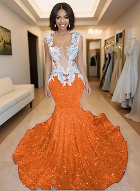 Orange V-neck Sequence Sweetheart Mermaid Prom Dresses with Beaded