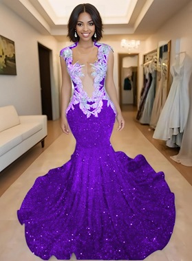 Purple V-neck Sequence Sweetheart Mermaid Prom Dresses with Beaded